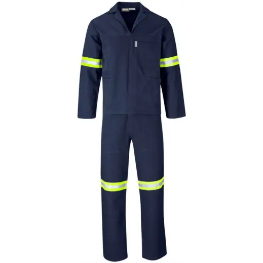 Technician 100 Cotton Conti Suit - Reflective Arms, Legs, Back - Yellow Tape Navy Front